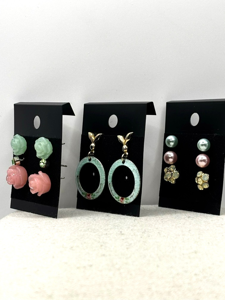 Pink Teal Green Flower Faux Pearl And Crystal Stud Dangle Earring Set of 7 Pairs