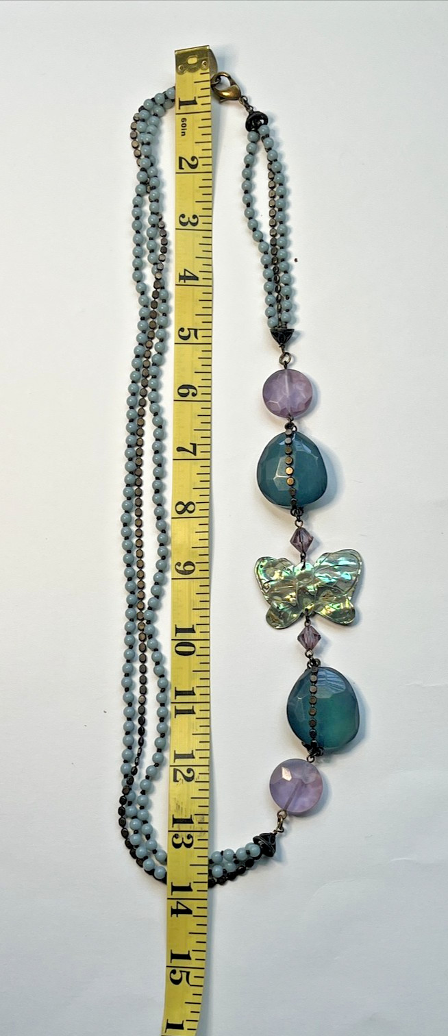 COLDWATER CREEK COPPER COLOR METAL ACRYLIC BLUE & LILAC BEADS BUTTERFLY NECKLACE