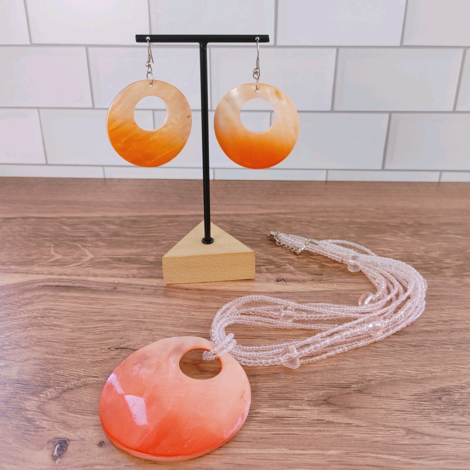 Salmon Pink Shell Beaded Necklace Dangle Earrings Set