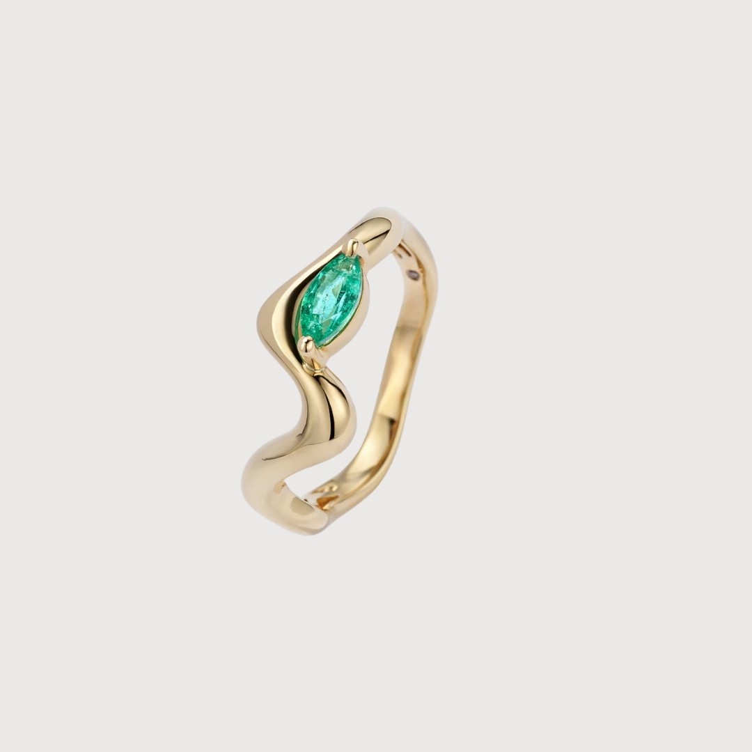 Marquise Emerald Ring Gold Vermeil Wave Ring Organic Statement Ring Gift