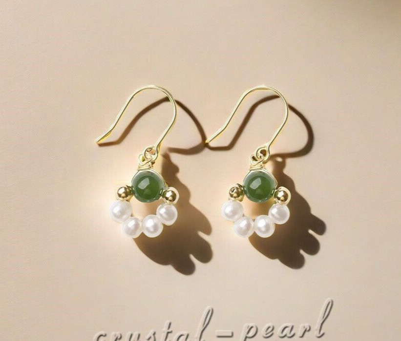 Genuine AAA natural Akoya white pearl jade dangle earrings 14k yelllow gold P
