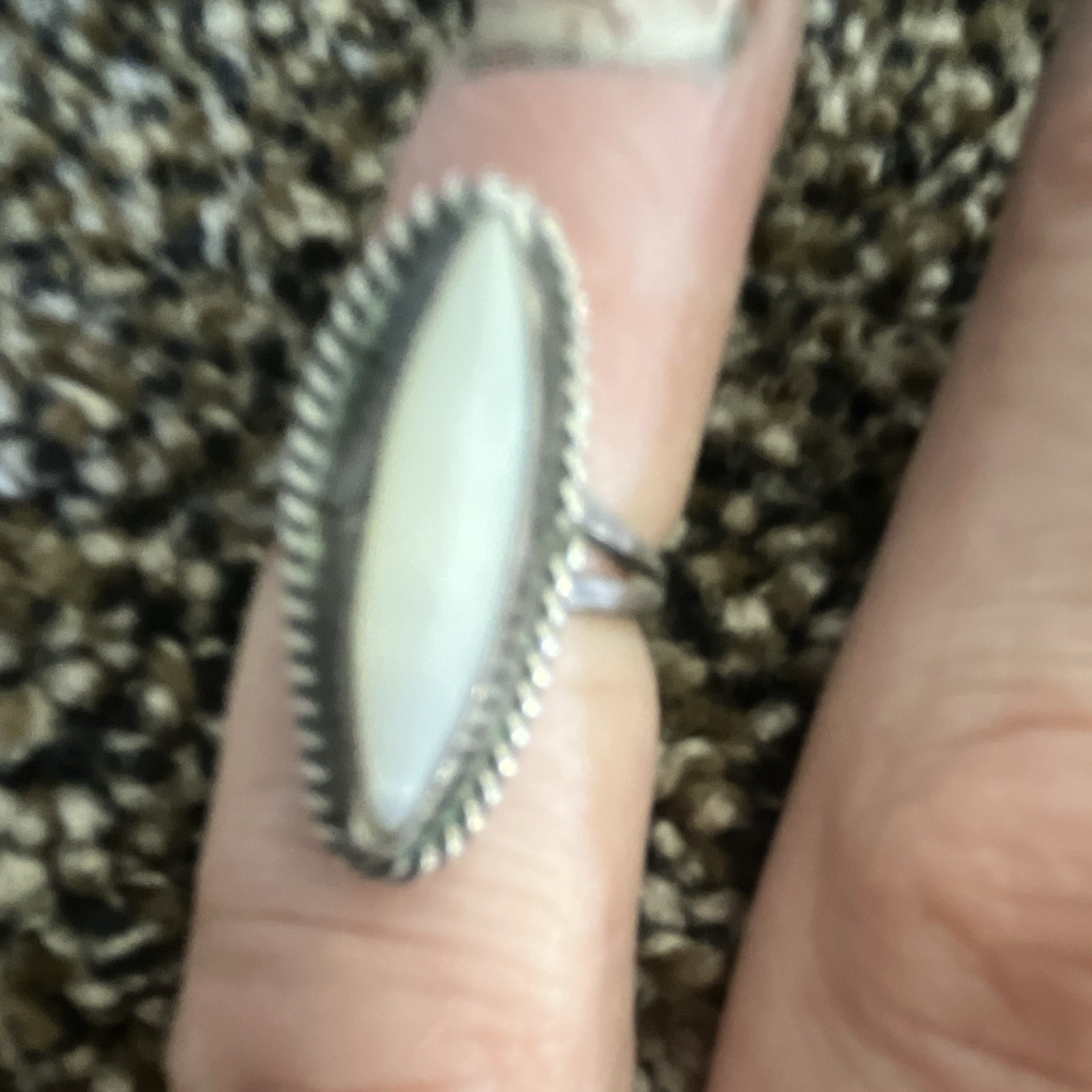 Silver Tone Cocktail Statement Ring Size 5.5 Marquise White Mother of Pearl
