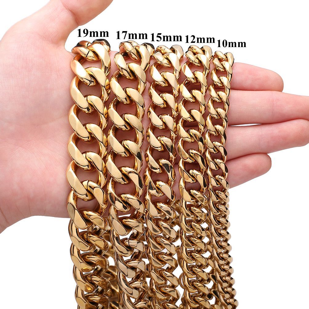 8/10/12/15/17/19mm Stainless Steel Gold Tone Chain Cuban Curb Men Women Necklace