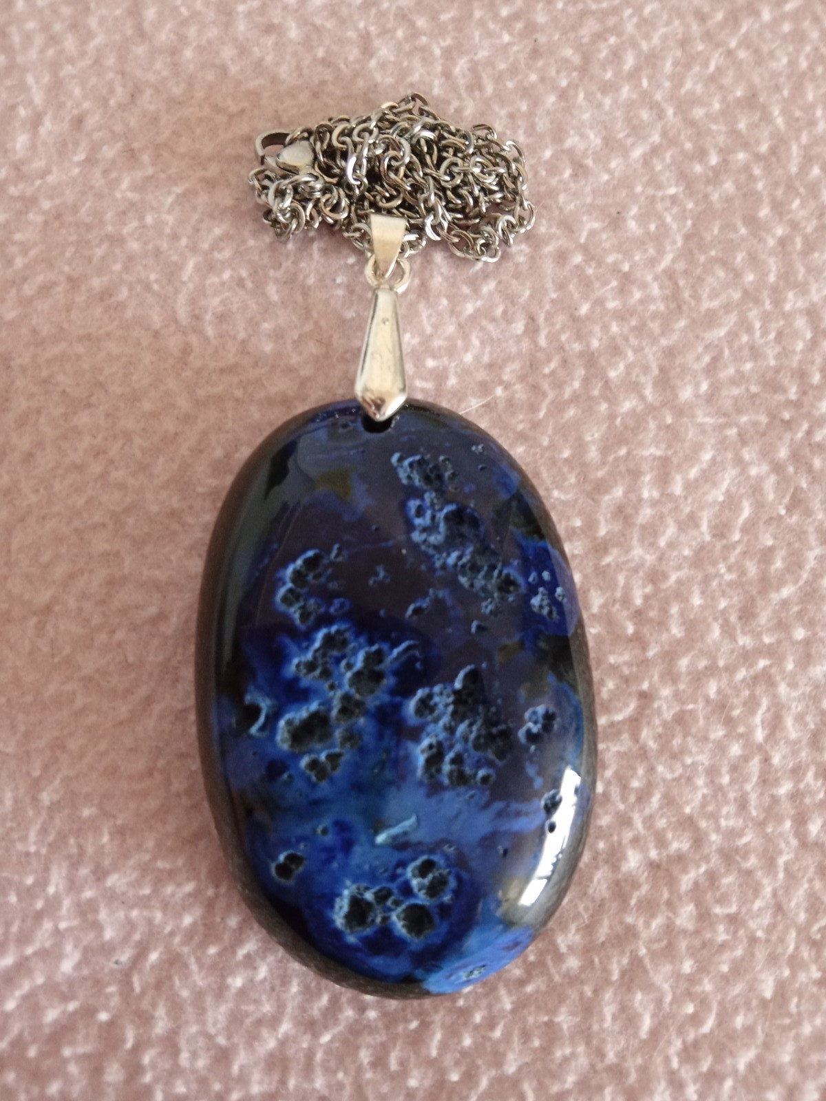 Beautful Blue Oval Stone Pendant color enhanced with 18 inch chain