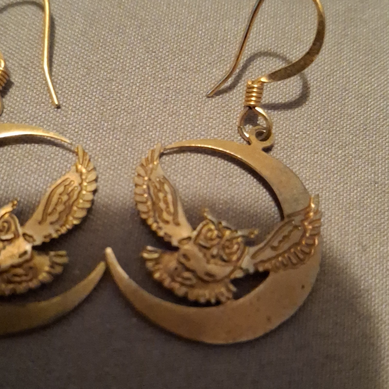 Gold Tone Metal Owl on Crescent Moon Dangle Hook Earrings No Stone