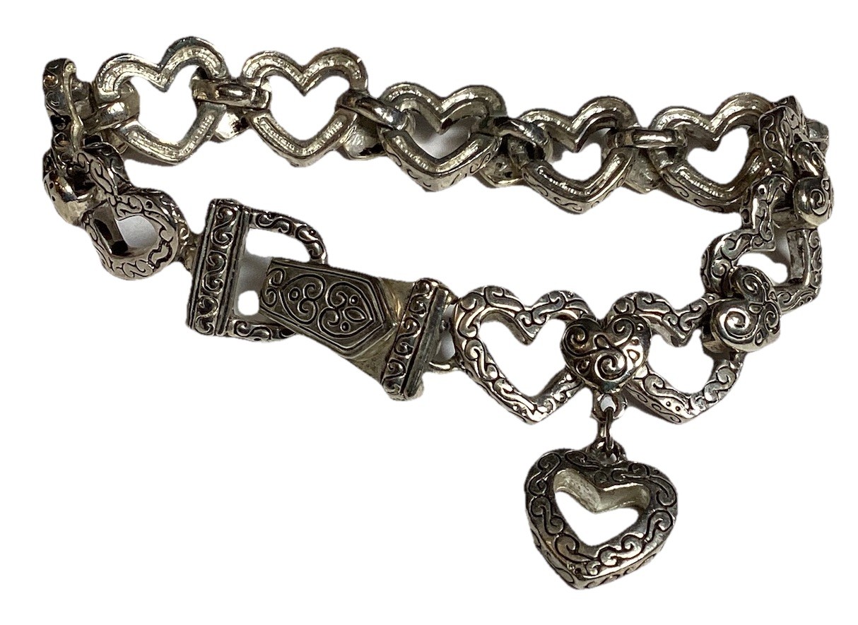 7 3/4” FANCY HEARTS BRACELET WITH DANGLE HEART FOLD OVER MAGNETIC CLASP