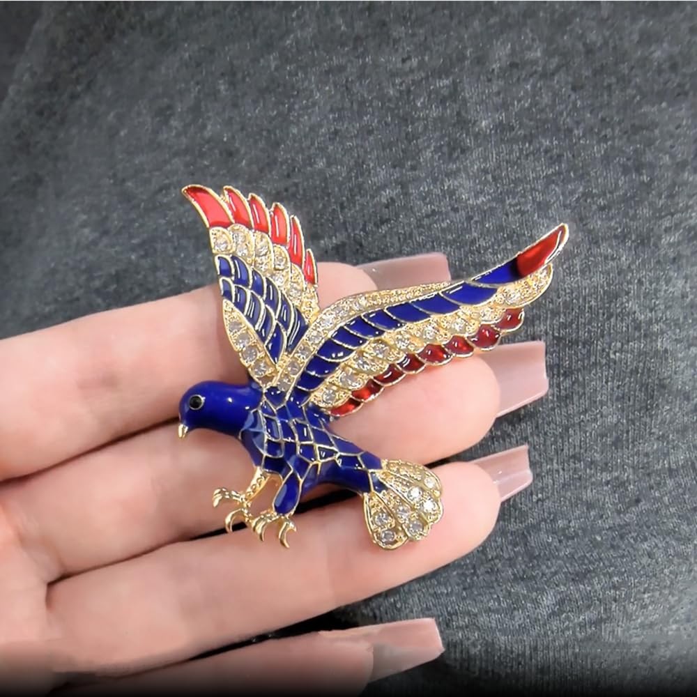 Rhinestone Eagle Bird USA Patriotic Brooch Pin Gold-Toned Crystal Blue Red