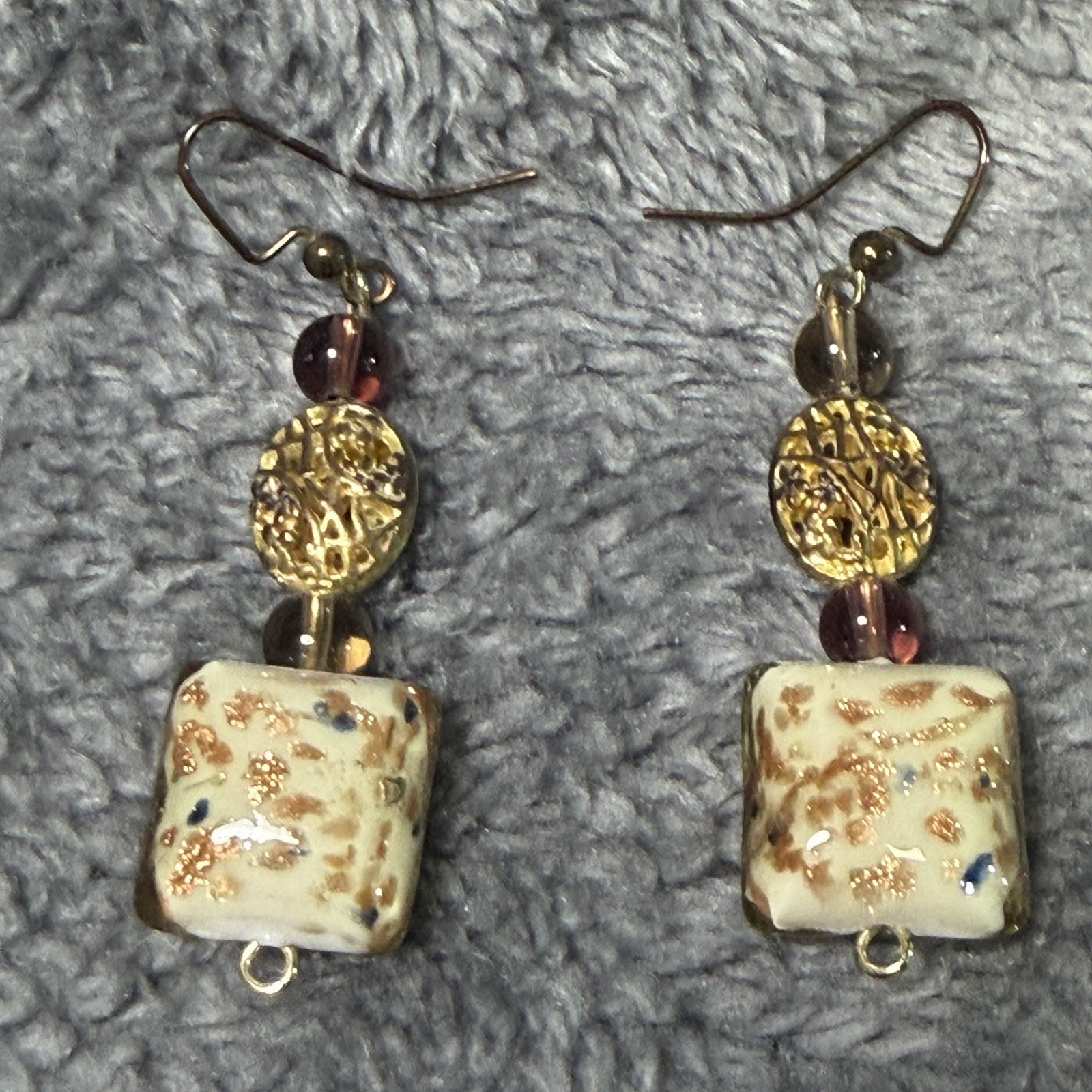 Gold & Ivory Square Glass Bead Dangle/Drop Earrings, Hook Closure, Metal