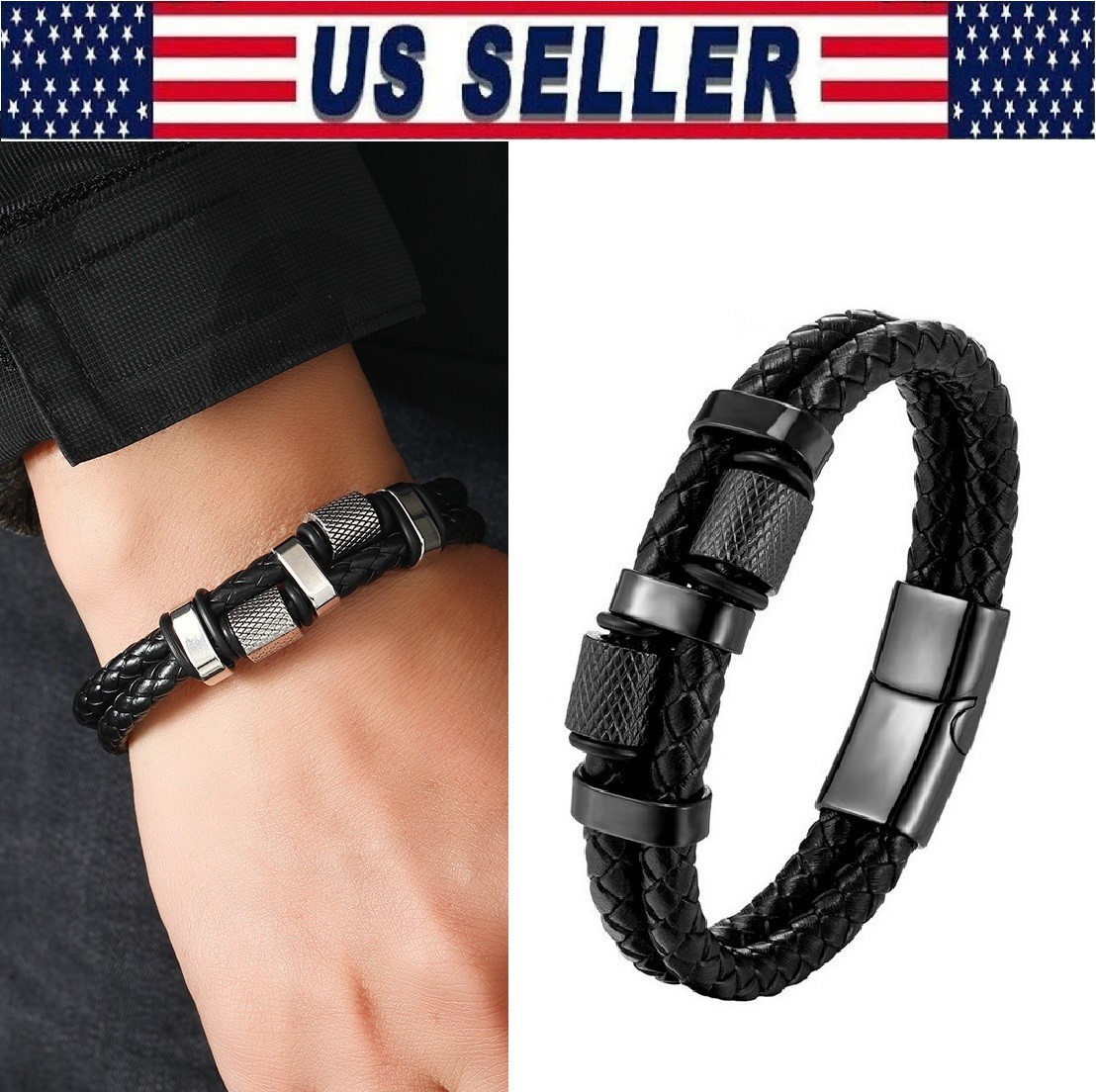 Men’s Stainless Steel Genuine Leather Bracelet Strength Fashion Bangle Wrap USA