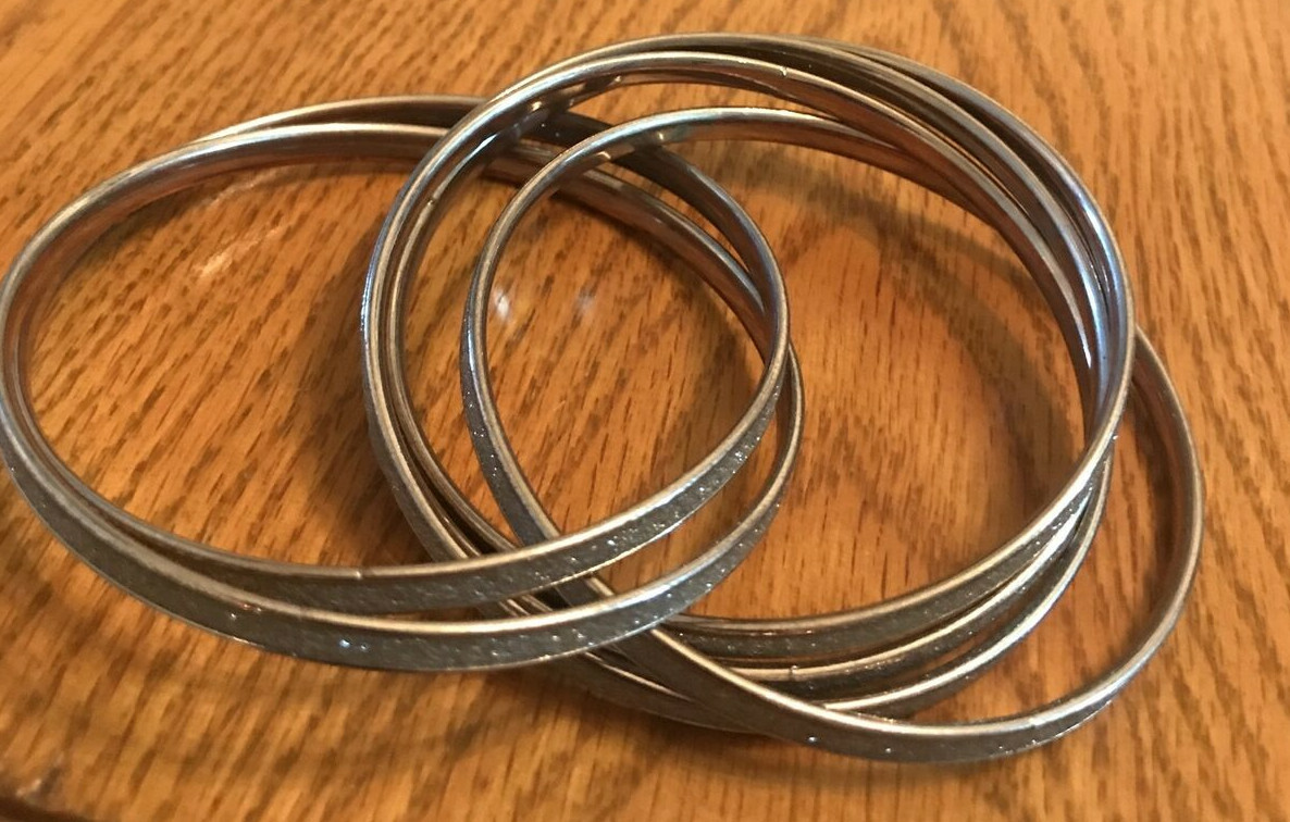 6 Dangle Bracelets Silver Tone Glittery Copper Trim Adult Size Intertwined