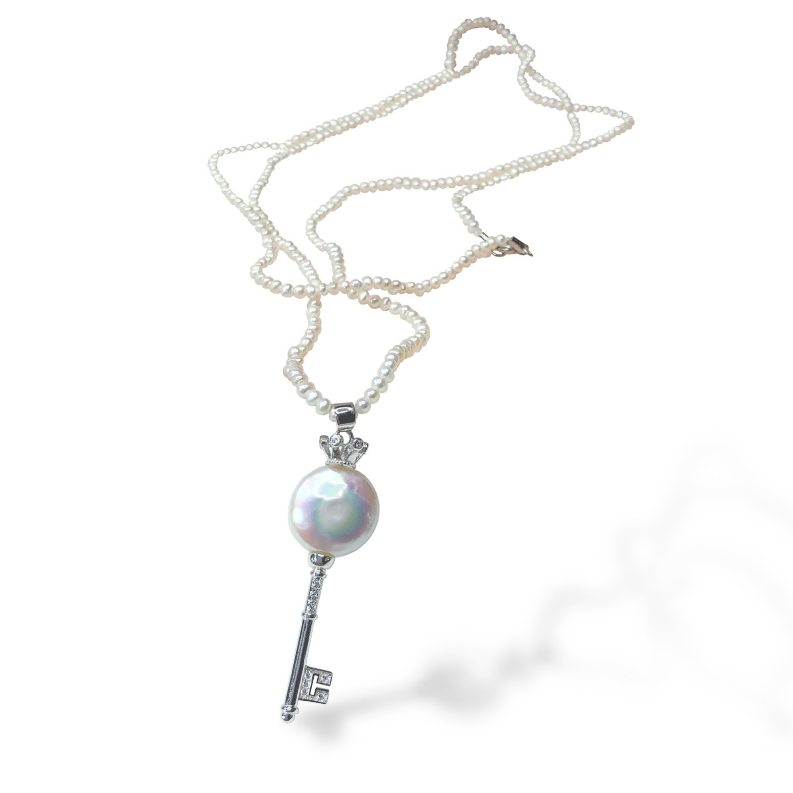 32″ Pearls Rope Long Necklace, Biwa Pearl In Sterling Silver Key Pendant