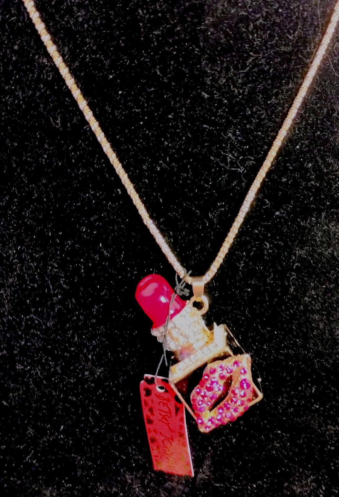 Betsy Johnson Hot Pink Lipstick With Hot Pink Rhinestone Lips On It Necklace