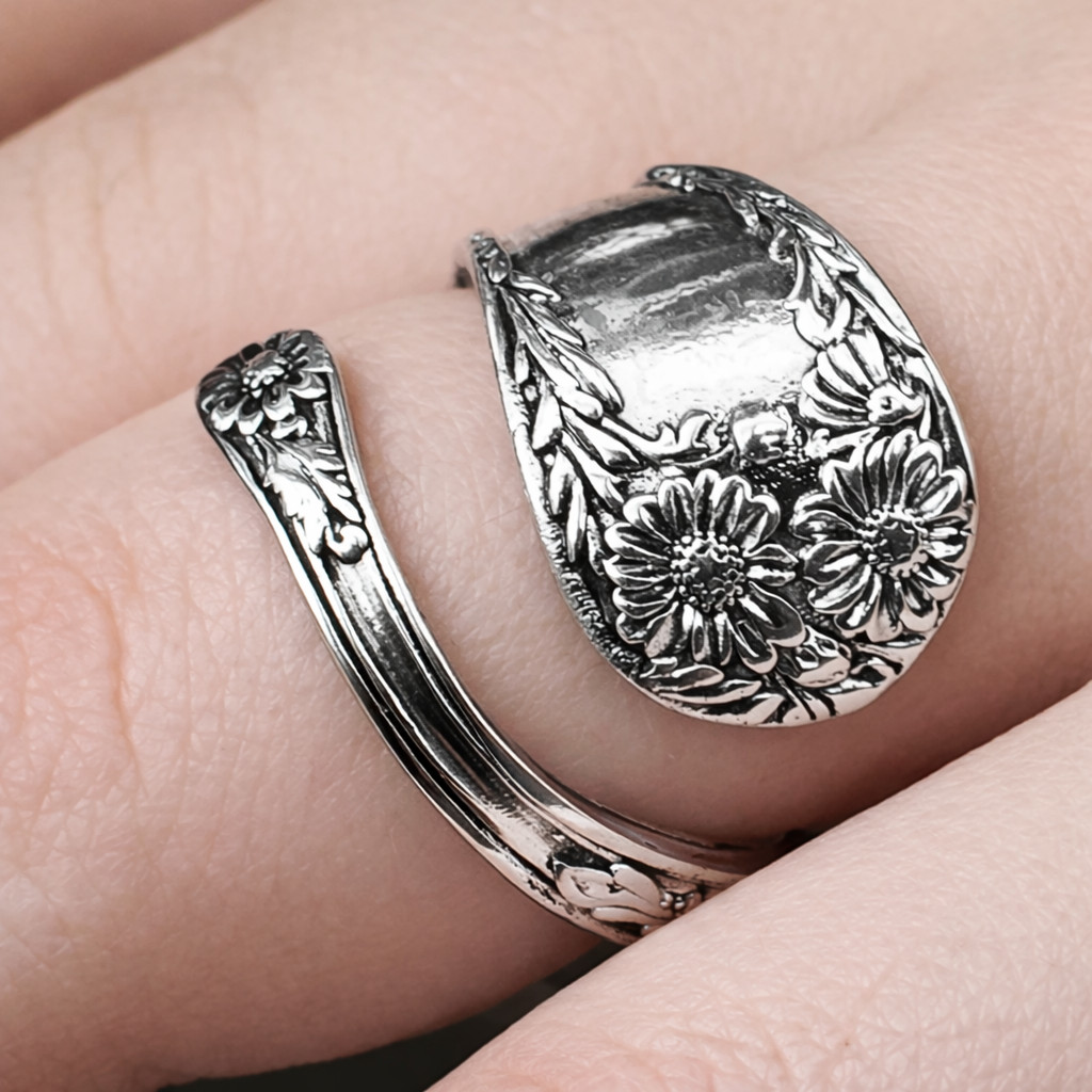 Daisy Flower Ring Spoon Wrap Round Adjustable s925 Silver Ring Metal Jewellery