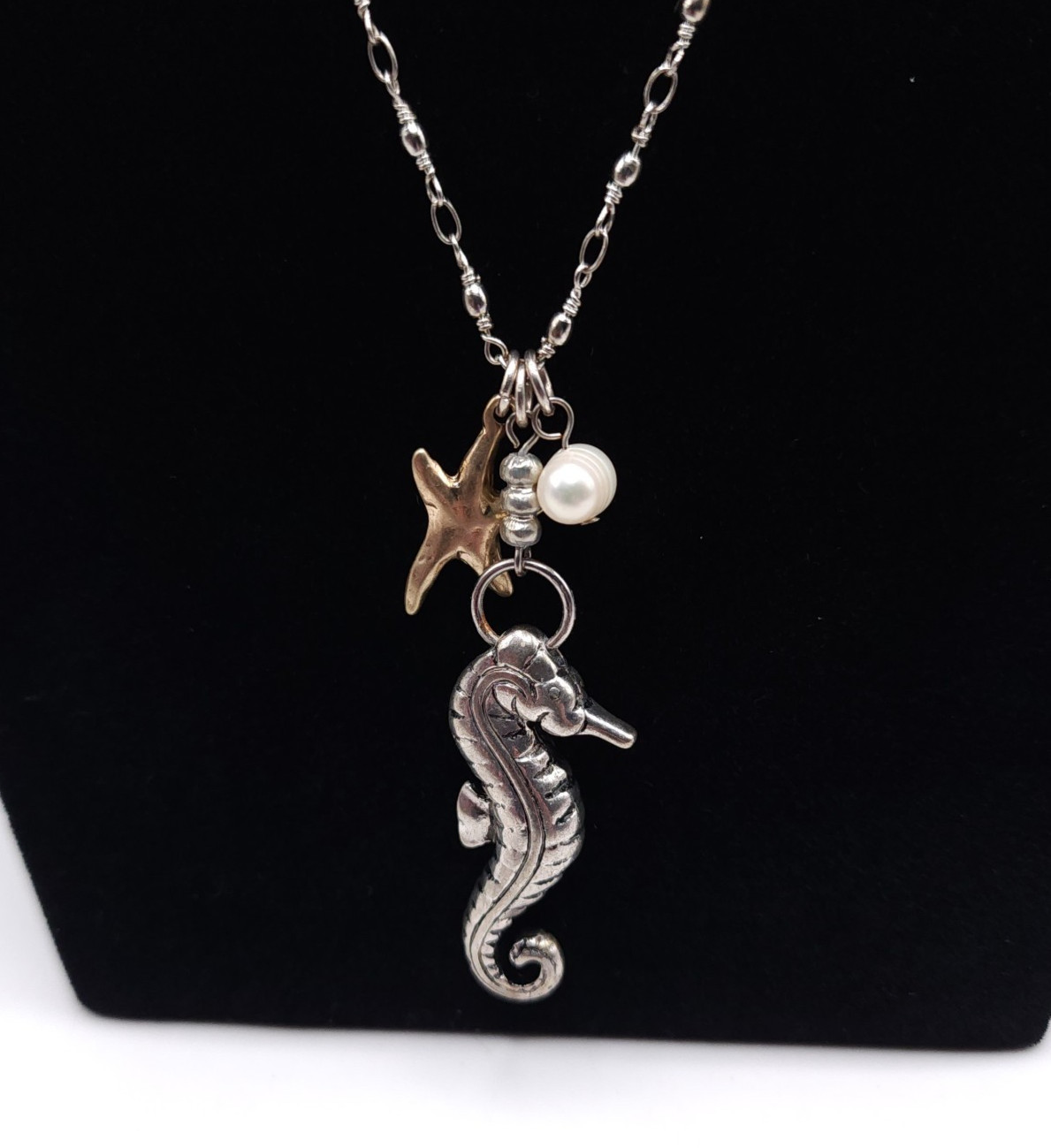 Silver Tone Seahorse Necklace Starfish Faux Pearl Coastal Beach Pendant 32in