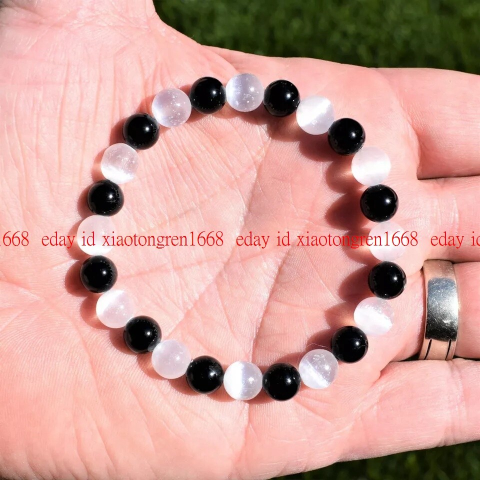 Natural Selenite & Black Tourmaline 8mm Bracelet 7.5″