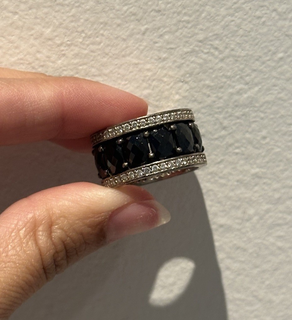 Thomas Sabo Sterling Silver Wide Band Ring with Faceted Black Stones Size 7