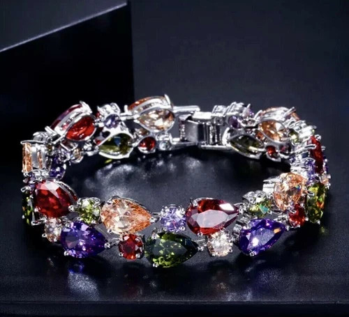 18k White Gold Plated Multicolor Tennis Bracelet Made Simulated Diamond 8 Inch