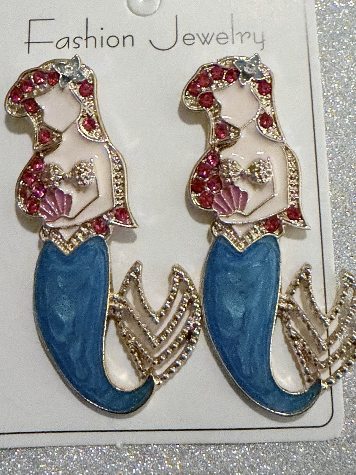 Mermaid Dangle/Drop Earrings Gold Tone Blue Enamel Red Crystal Butterfly