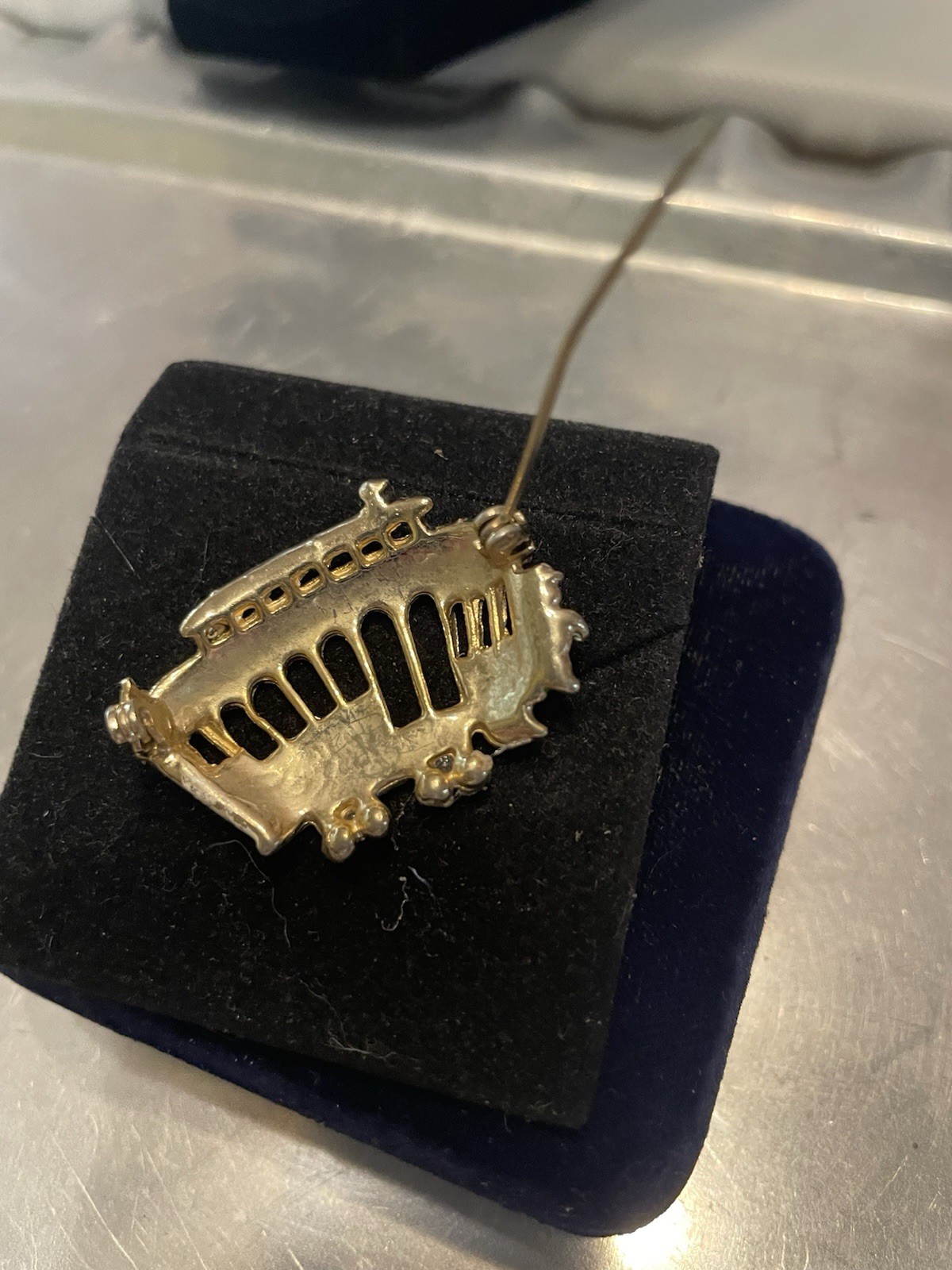 Trolley Streetcar Brooch Gold Tone Green Red Black White. Red Stone Headlight
