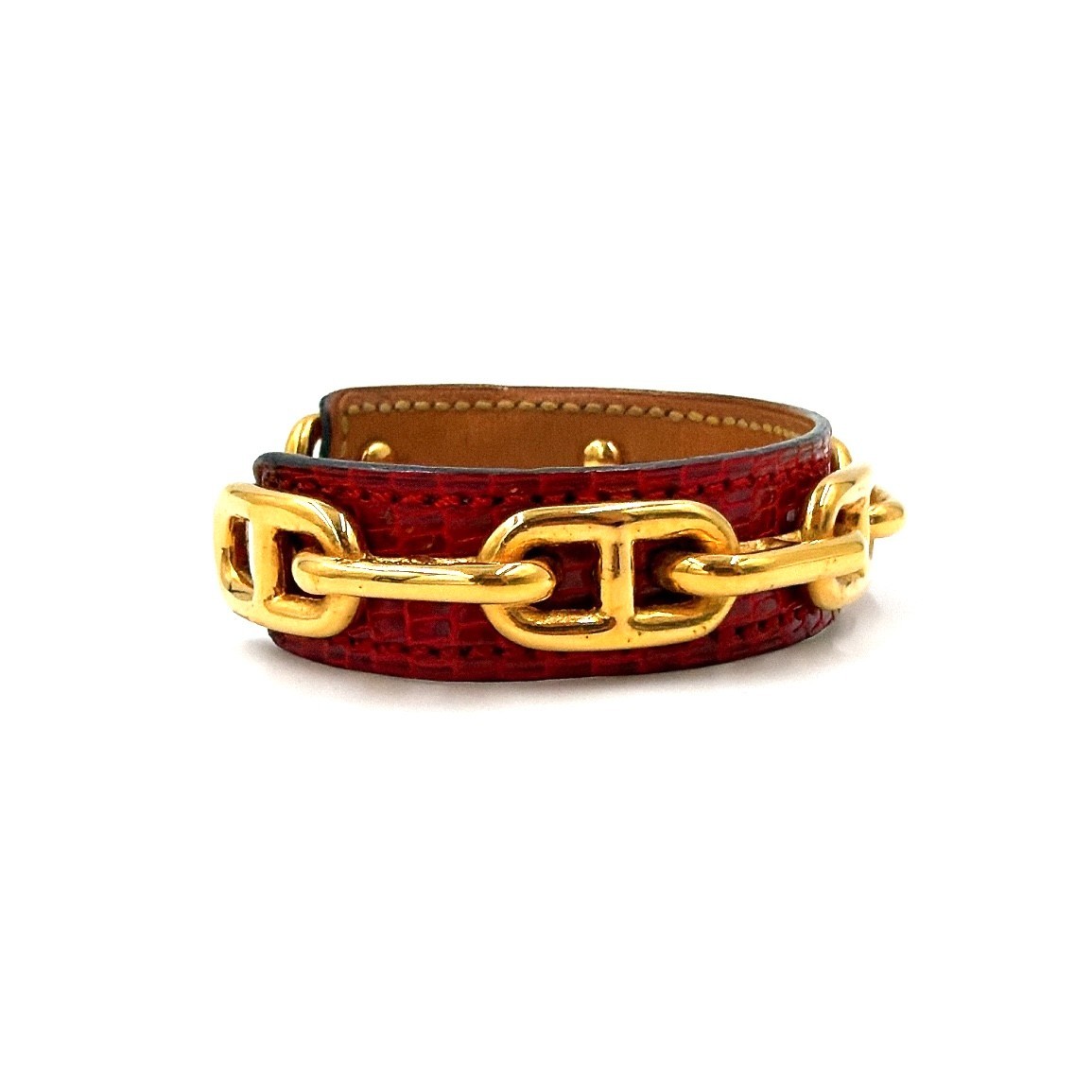 Hermes Chaine d’Ancre Cuff Bangle Lizard Leather Red Gold Chain Link Box Auth