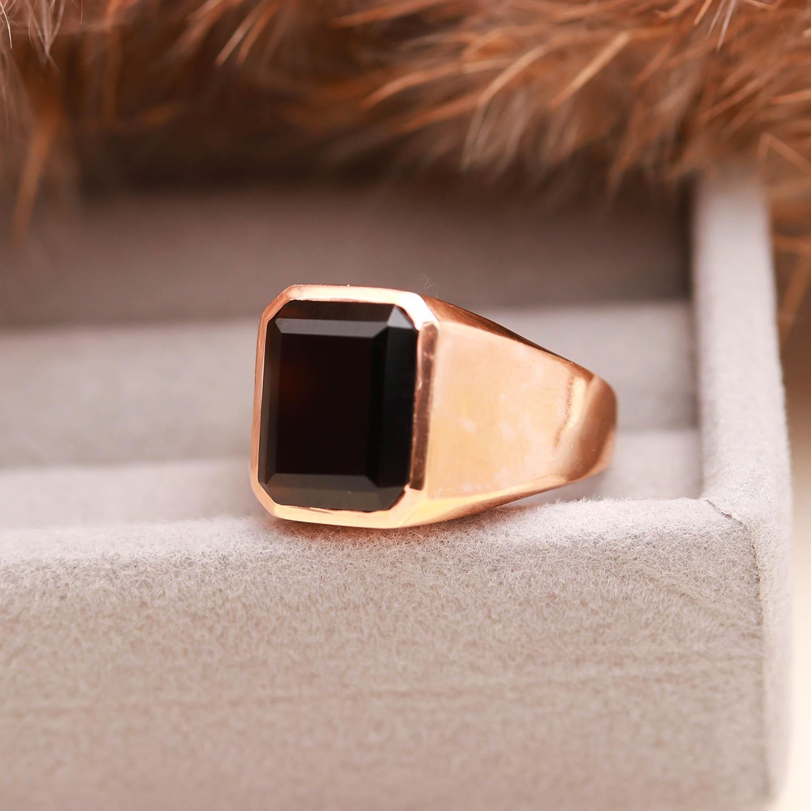 Natural Black Onyx Octagon Ring Rose Gold Fill Solid Silver Minimalist Jewelry