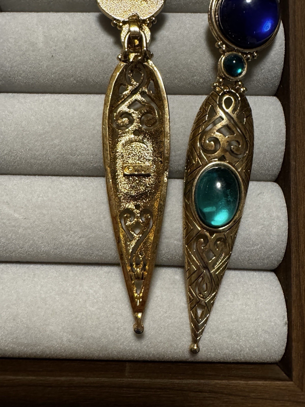 Vintage gold Clip-On Teardrop Dangle Drop Earrings Blue Green Cabochon Signed