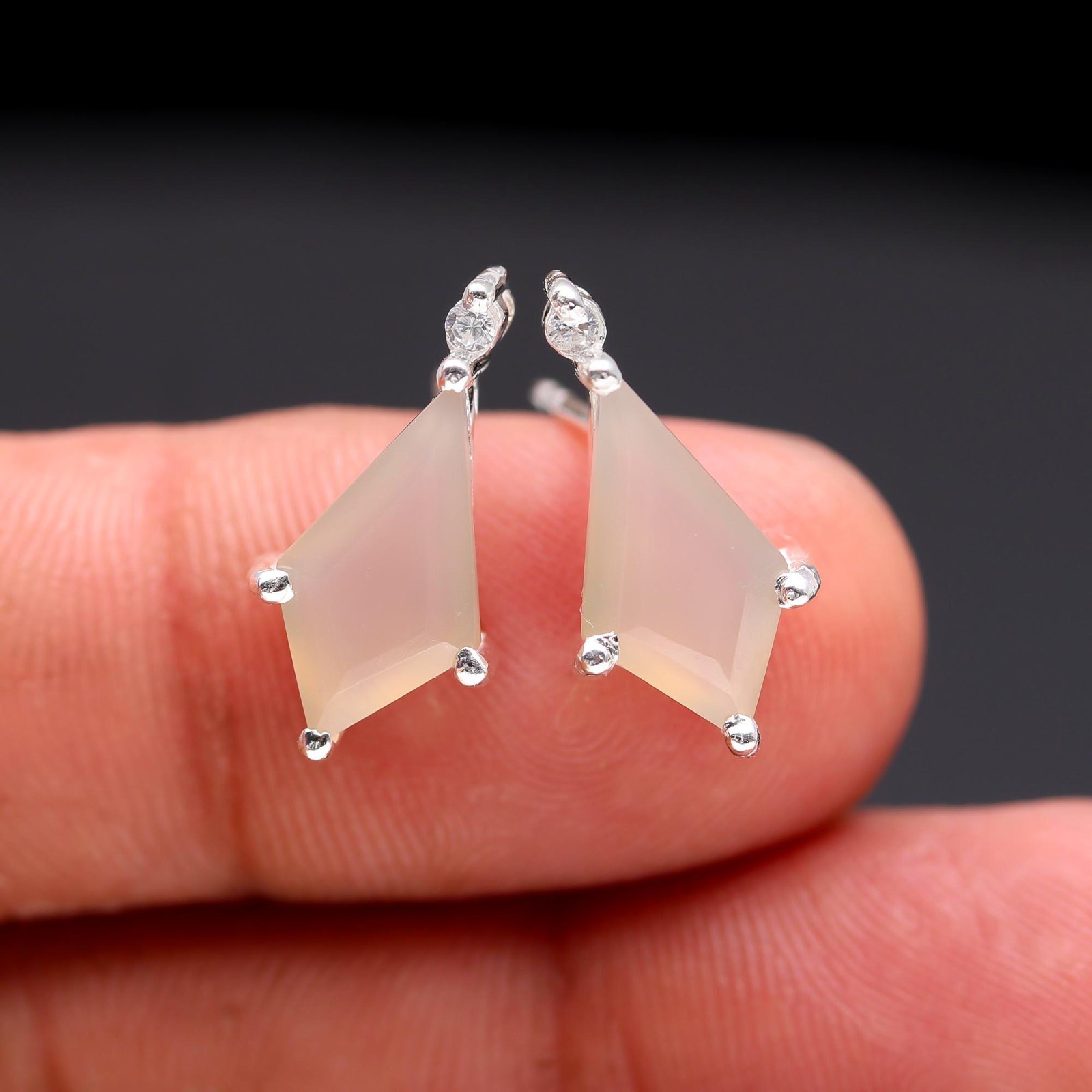 100% Natural Grey Chalcedony Kite Stud Earrings Solid Silver Minimalist Jewelry
