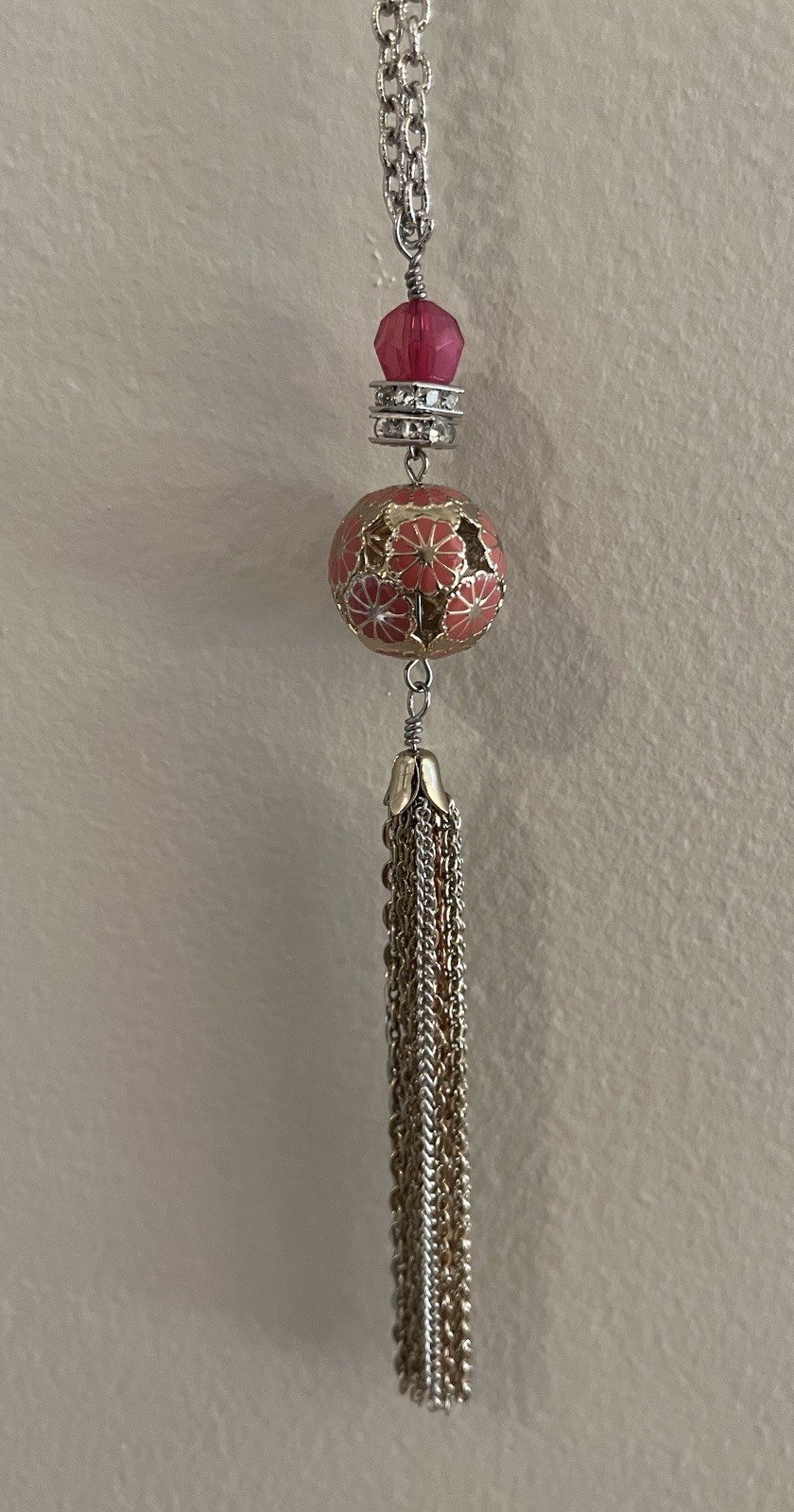 Vintage Loft Silver Peach Flower Tassel Pendant Long Necklace, NWOT