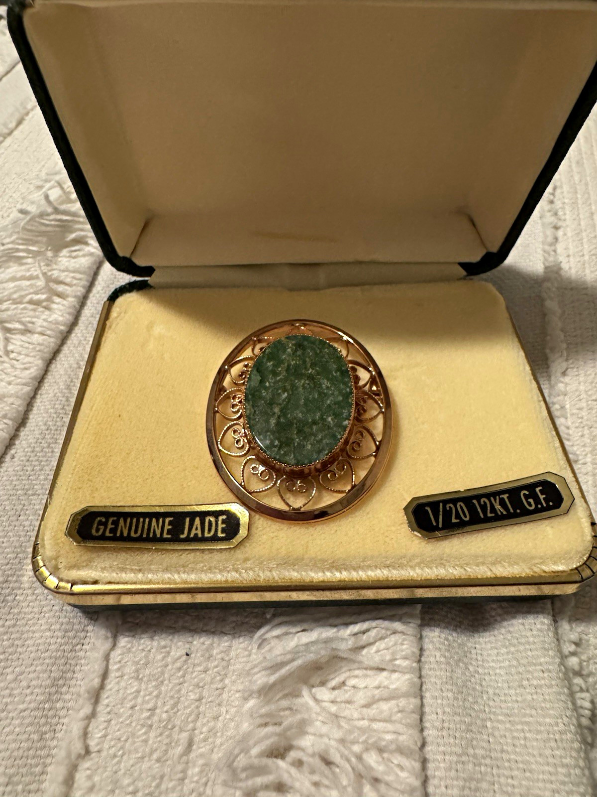 Vintage Oval Green Jade Brooch Pin 12K Gold Filled Filigree