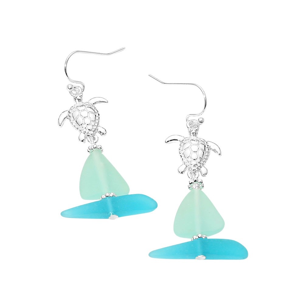 Sea Glass Resin Earrings Women’s Beach Turtle Theme 1.25″ Silver Plated