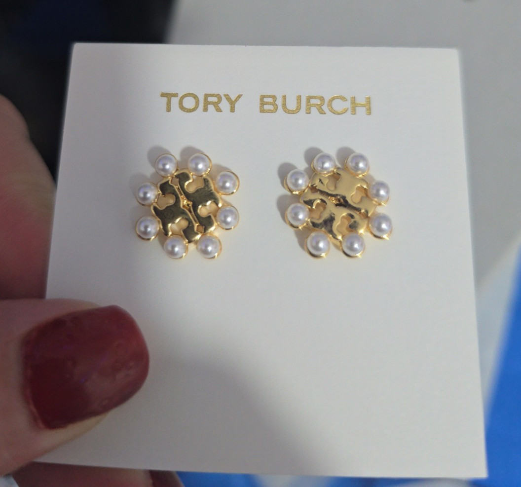 Tory Burch Round Logo Stud Earrings Imitation Pearl Gold Tone Back