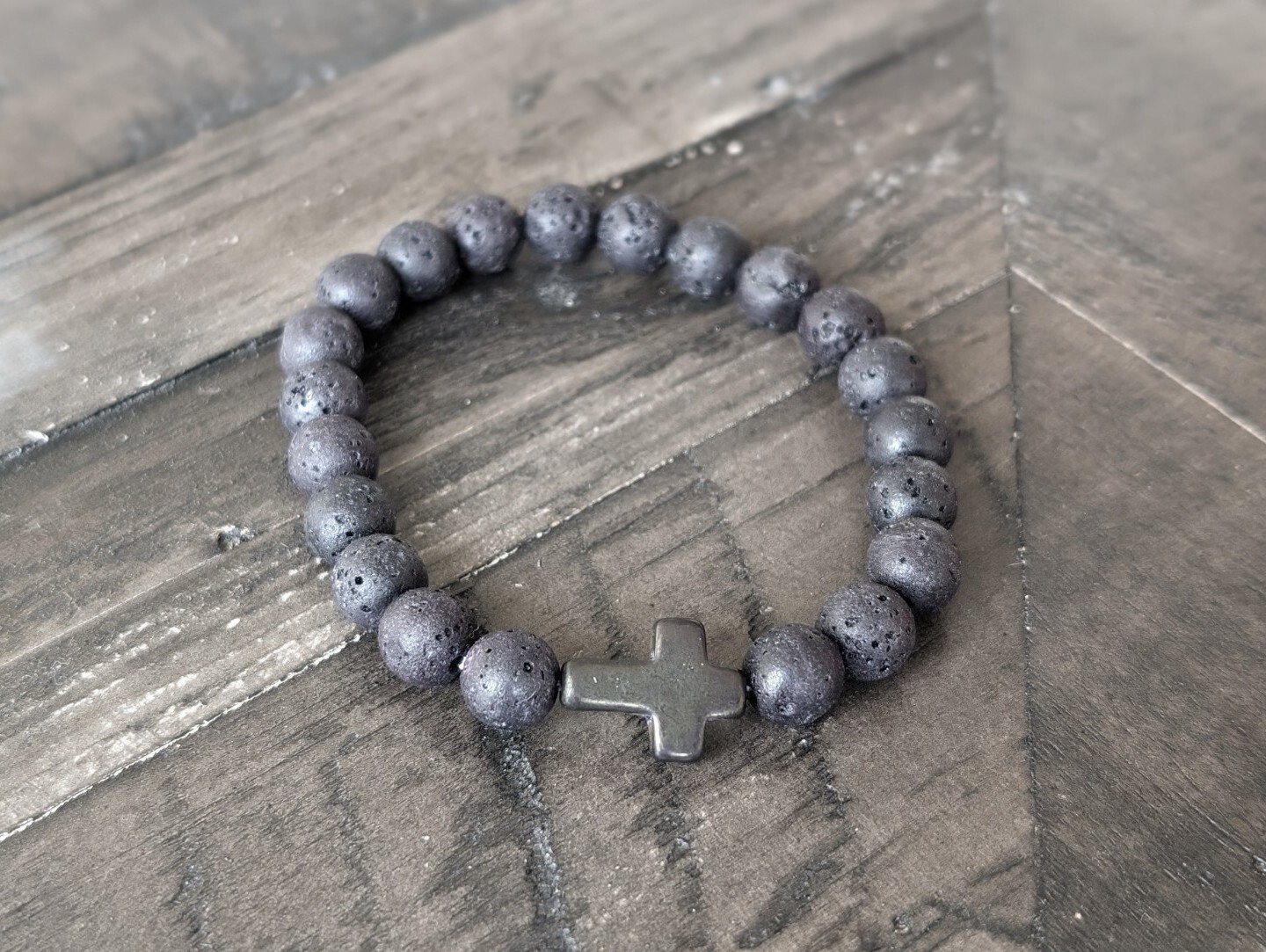 Charm Natural Stone Bracelet Cross Black Lava Matte 8m Beaded Bracelets Handmade