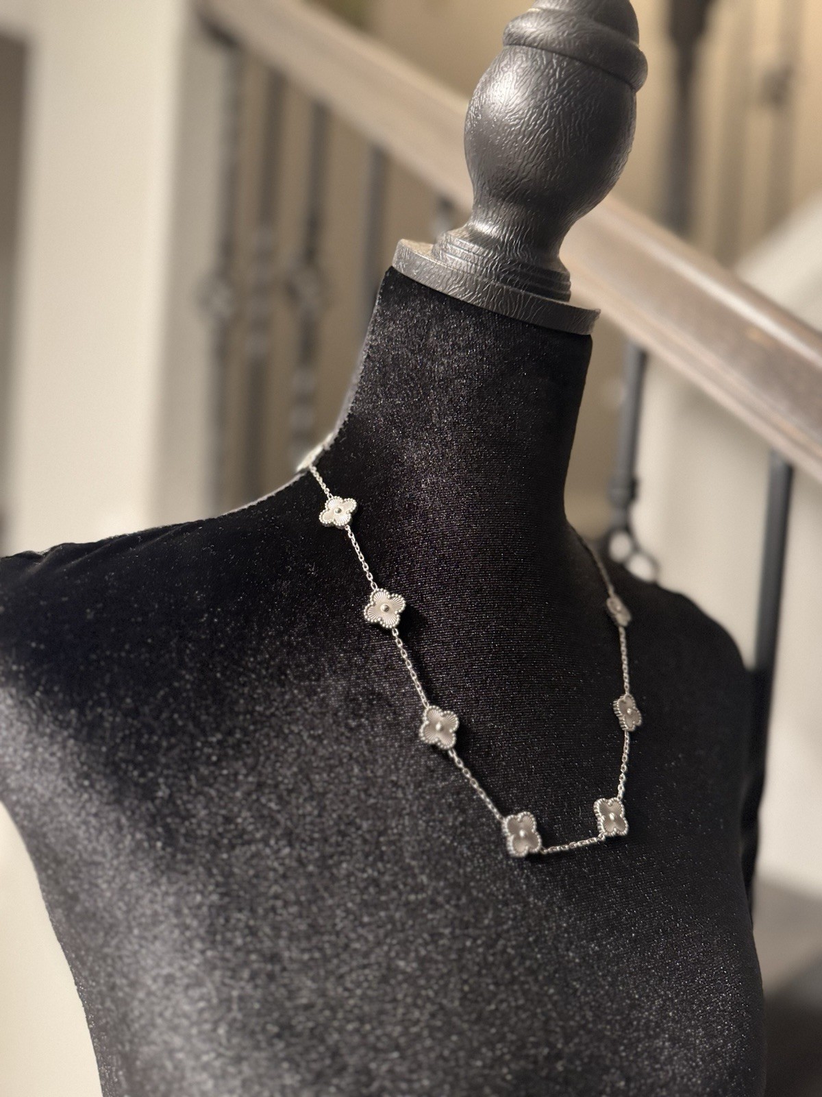 Silver Tone Station Cable Chain Necklace Clear Crystal Flower Cluster Links