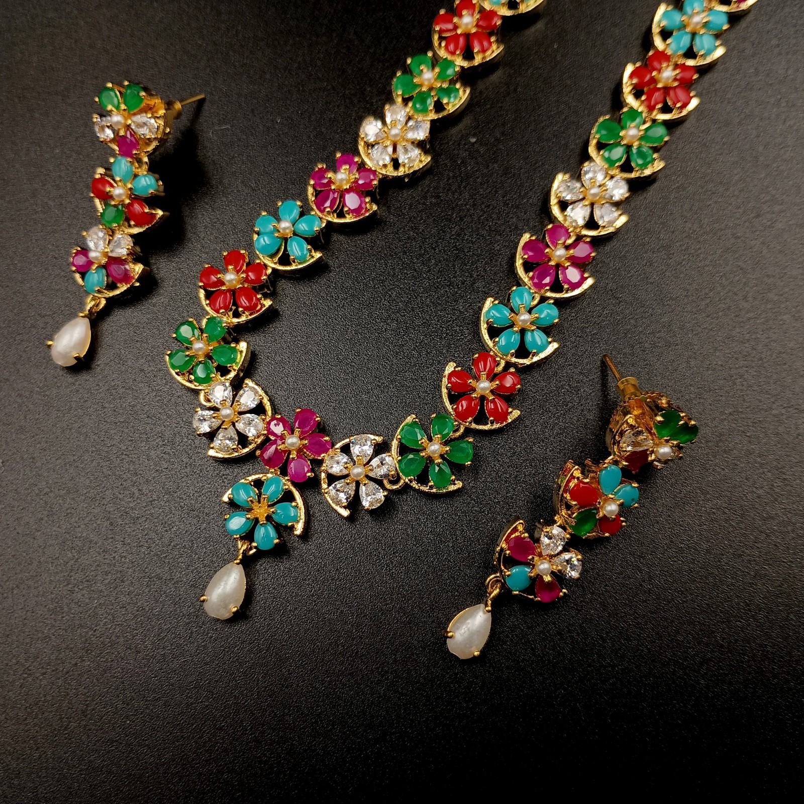 Royal Navratan Stone Necklace Set 22k Gold Plated Indian Bridal Jewelry Gift Her