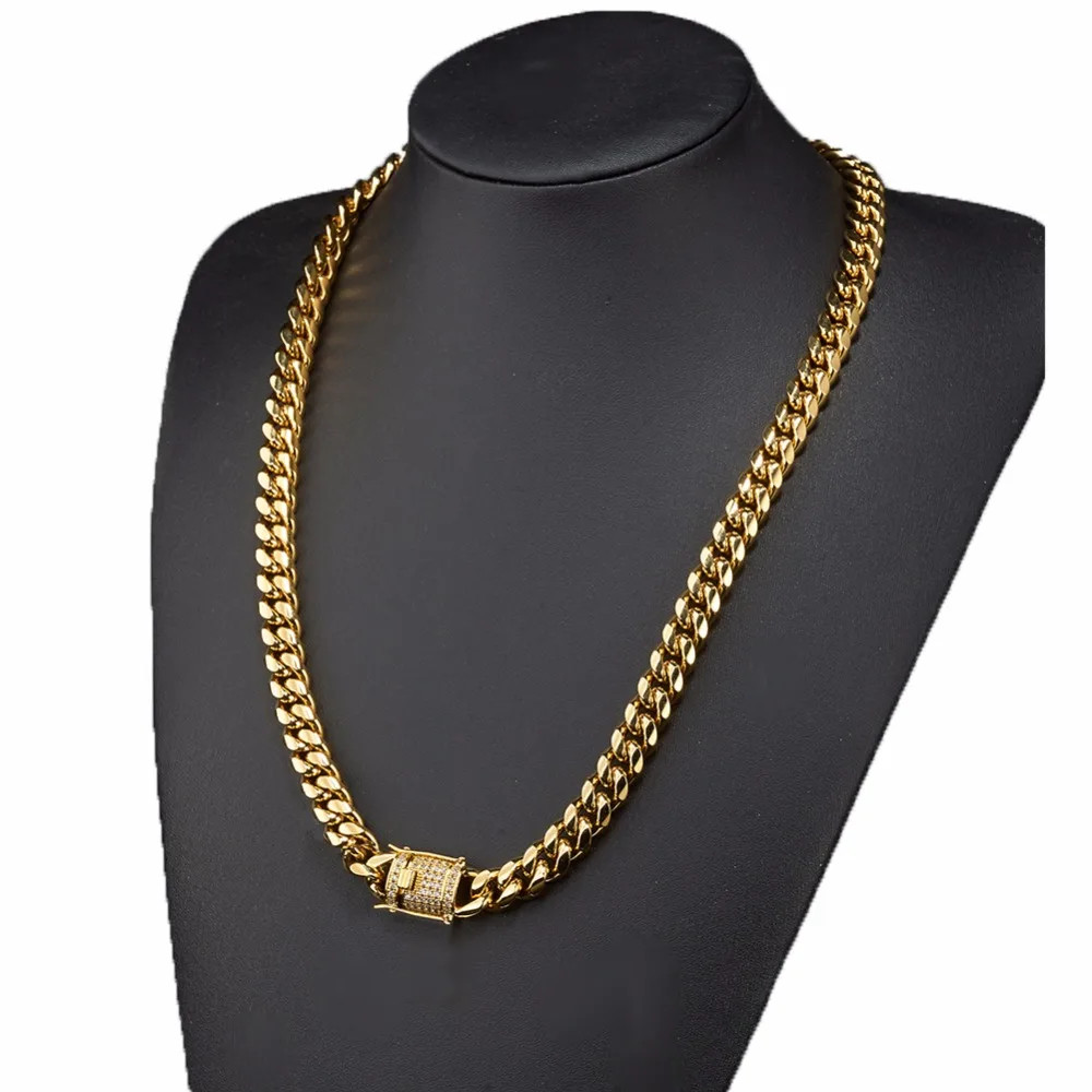 Stainless Steel Chain Necklace Miami Cuban Curb Link Gold Color Men Jewelry