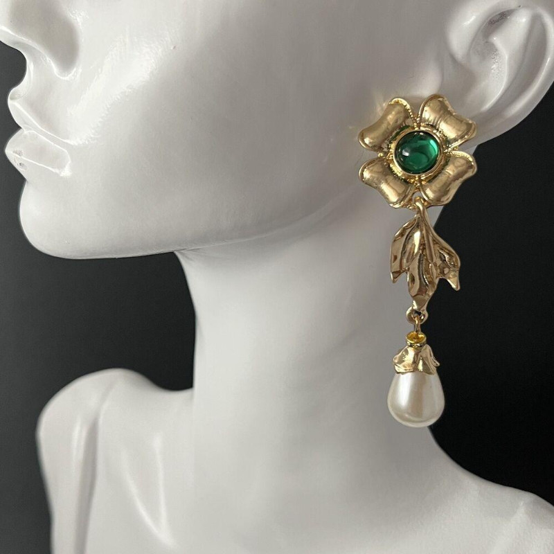 Gold Flower Earrings Dangle Drop Pierced Green Cabochon Baroque