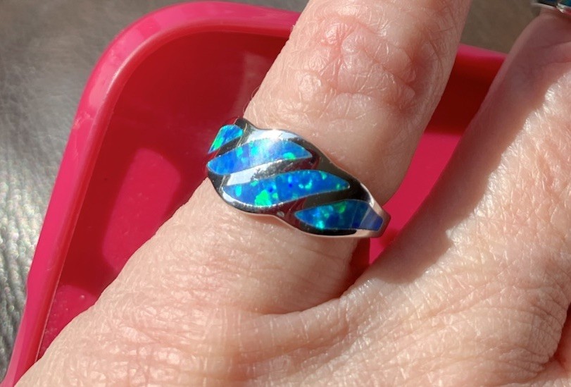 New 18k White Gold Filled Blue Opal Wave Inlay-size 5