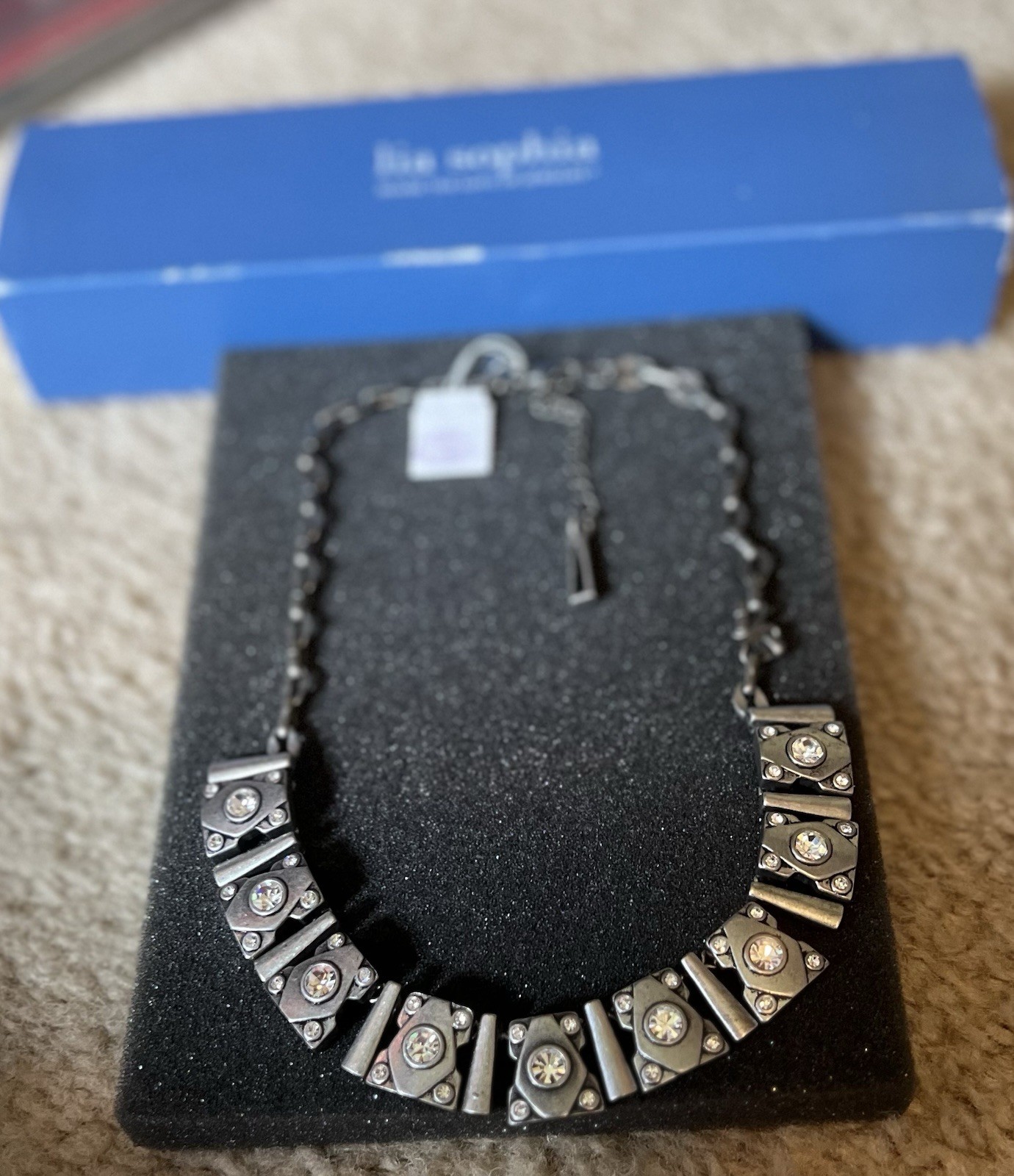 Lia Sophia Necklace- Antique Silver- Tone With Beautiful Crystals – Adjustable