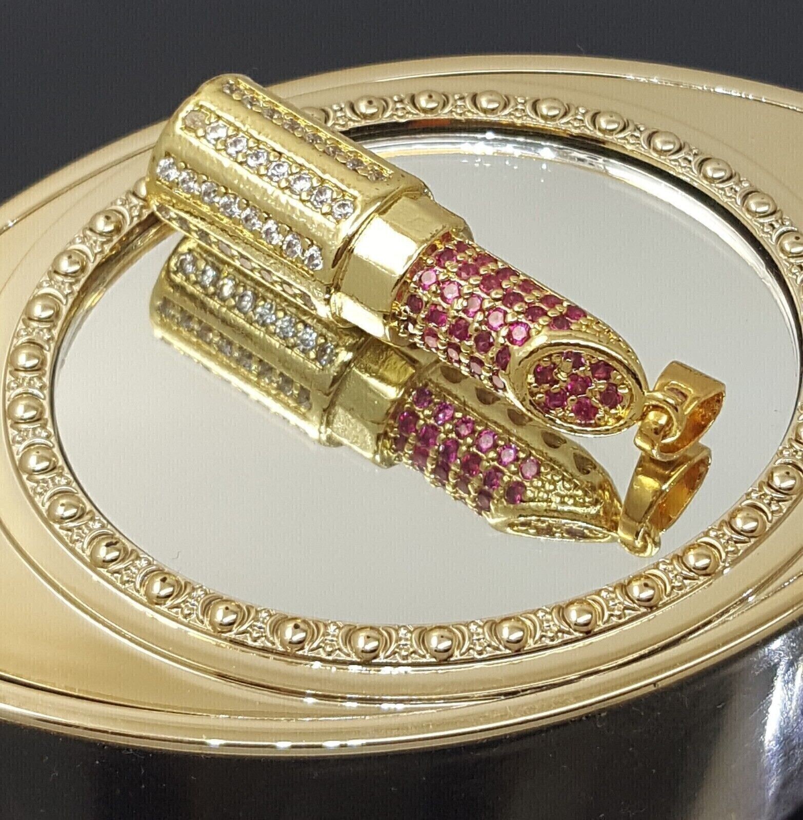 2ct Ruby & Diamond Simulated Lipsticks Pendant 18”chain 14k Yellow Gold Plated