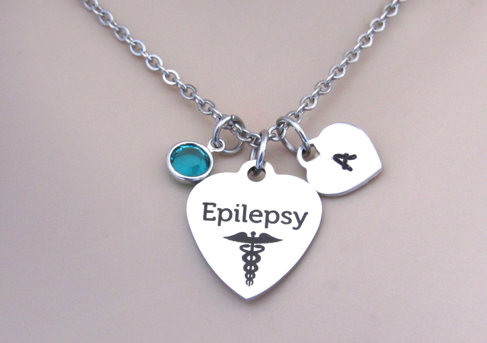 Epilepsy Necklace w/ Initial Heart and Birthstone, Epilepsy Medical Jewelry Gift