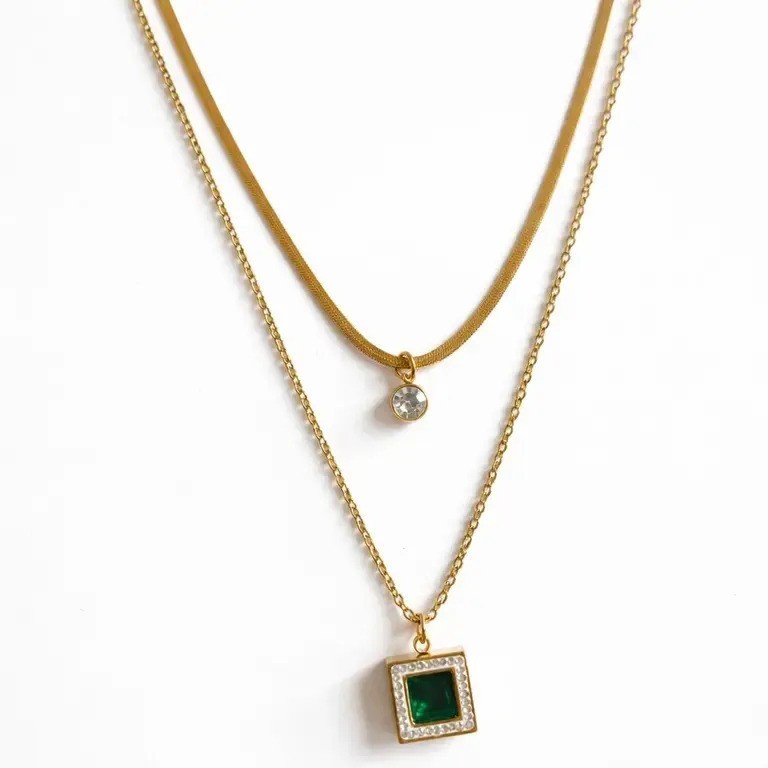 18k Gold Plated Layered Necklace with Emerald Square Pendant Waterproof