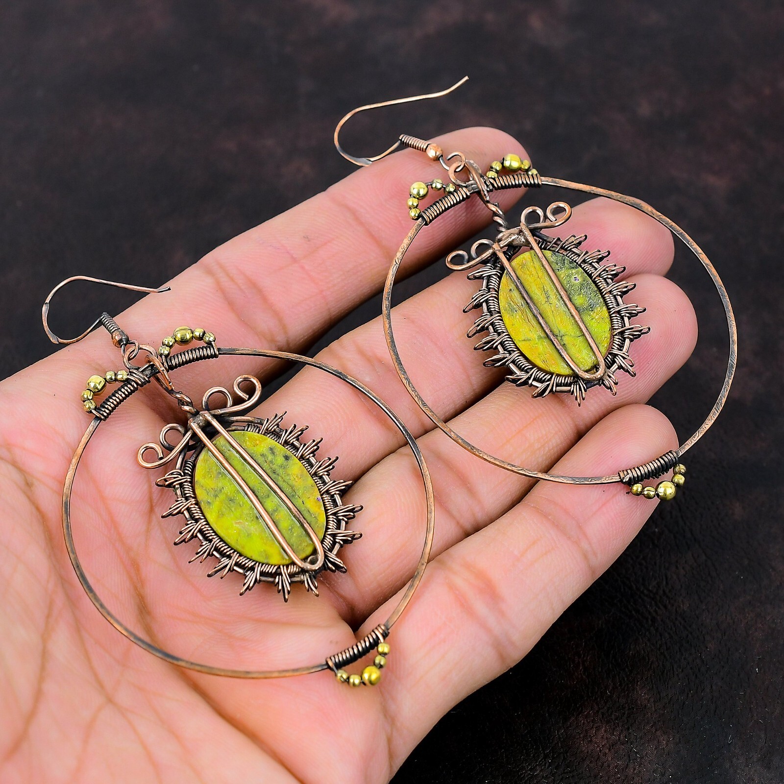 Gift For Her Stichtite Wire Wrapped Drop/Dangle Earrings Copper Jewelry 3.35″