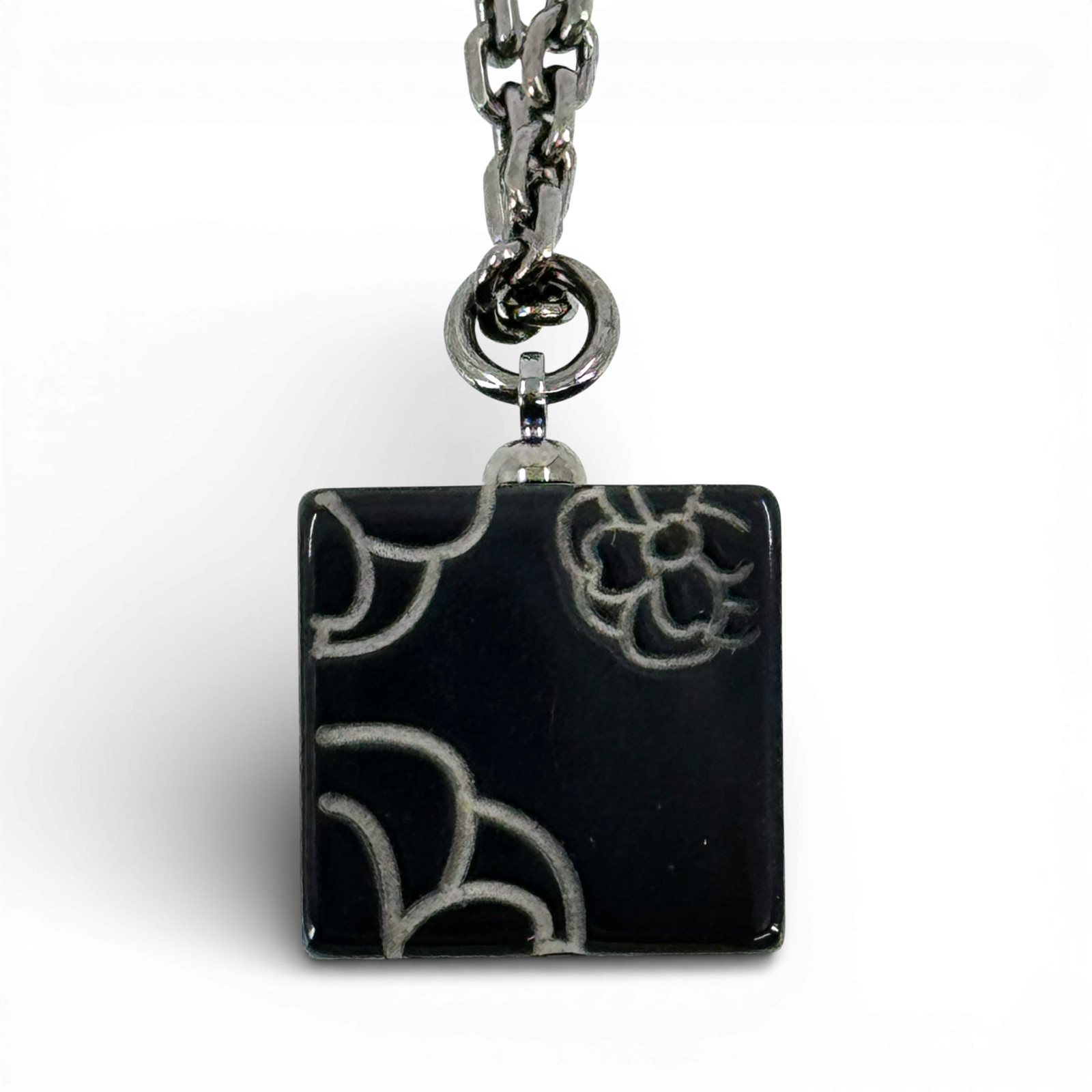 Auth CHANEL Camellia Black Square Pendant Chain Necklace 02A SRG725