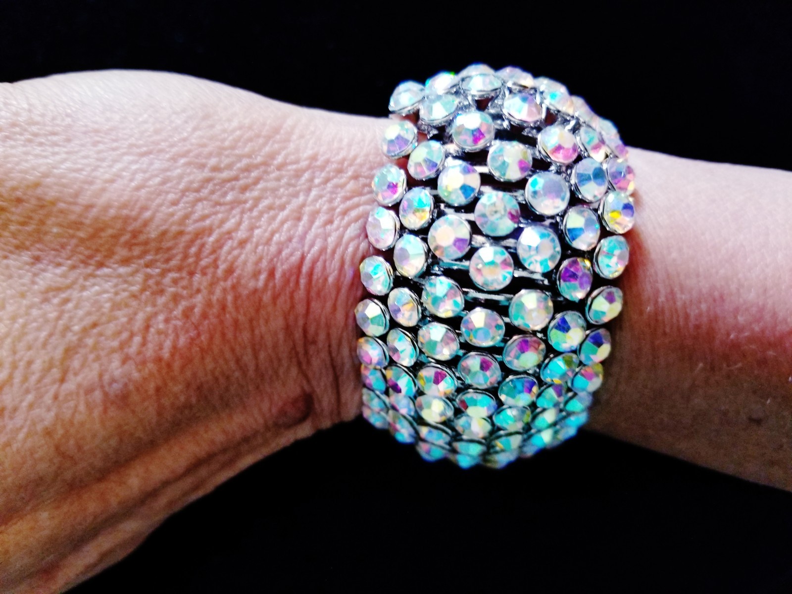 Iridescent Silver Rhinestone Stretch Bracelet Crystal Pageant Prom Drag Jewelry