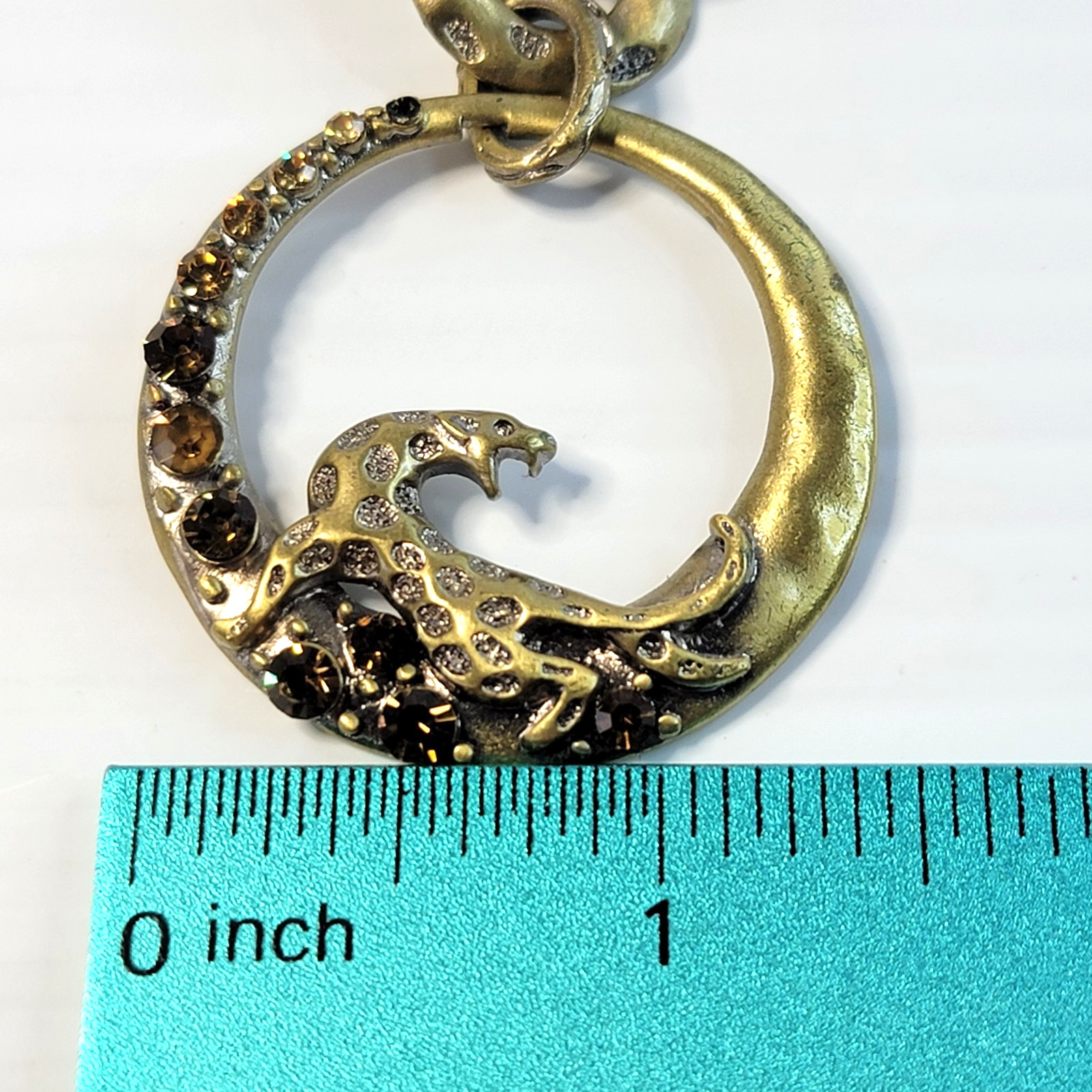 Vintage Bronze Tone Leopard Figure Statement Pendant Necklace Brown Leather Cord