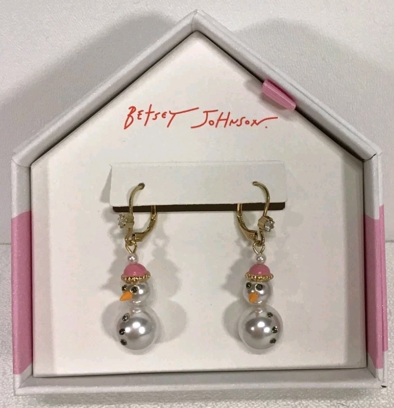 New! Betsey Johnson Faux Pearl Snowman Leverback Earrings WINTER Gift SUPER CUTE
