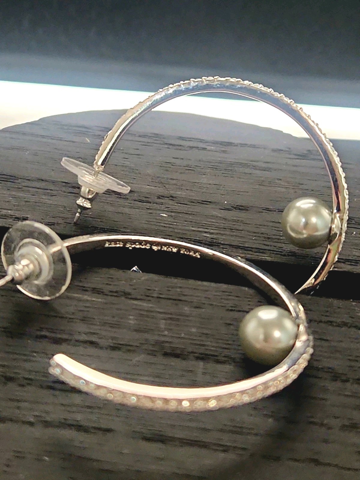 Kate Spade Hoop Earrings Sterling Silver with Pave’ CZ & Grey Pearl