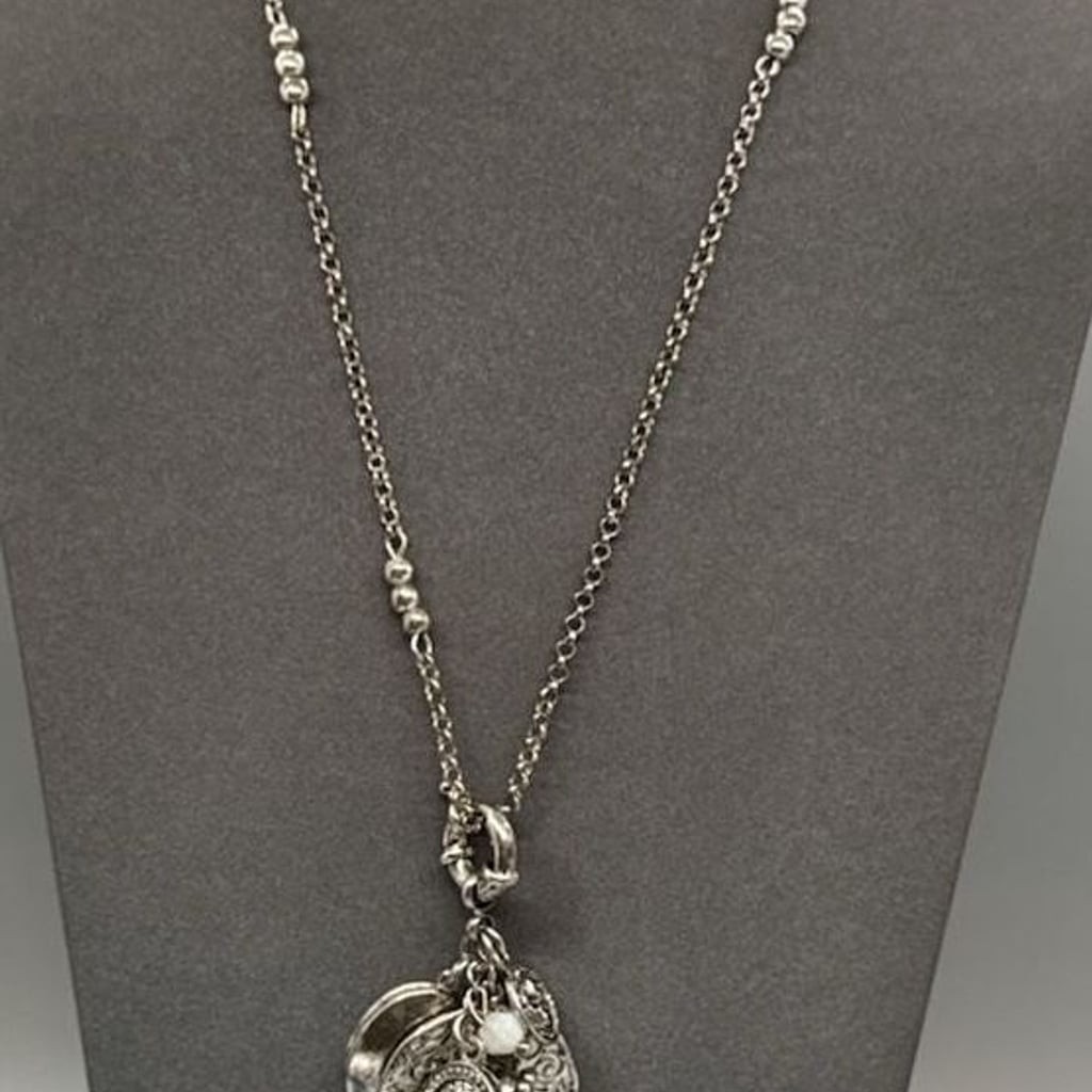 Premier Designs Retired Silver Tone Charm On LONG Necklace Lockets PD Vtg Style