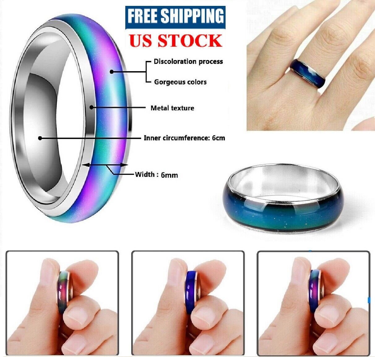Stainless Steel Temperature Color Changing Wedding Band Mood Ring Gift Unisex