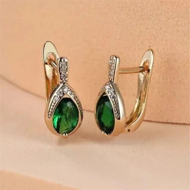 Pear Cut Simulated Green Emerald Stud Clip On Earrings In 14K Yellow Gold Plated